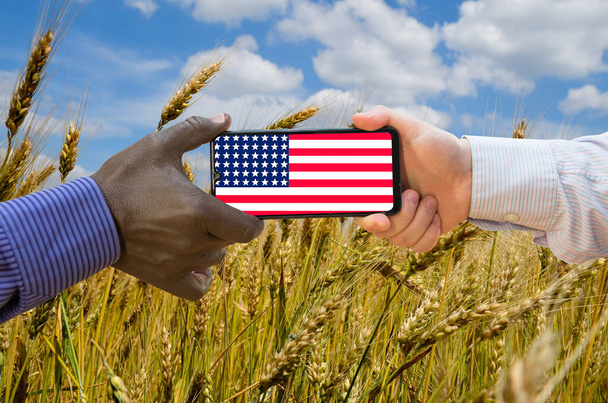 Close up of afroamerican and caucasian white hands holding the phone with US flag in front of a wheat field. America above all. - Photo, Image