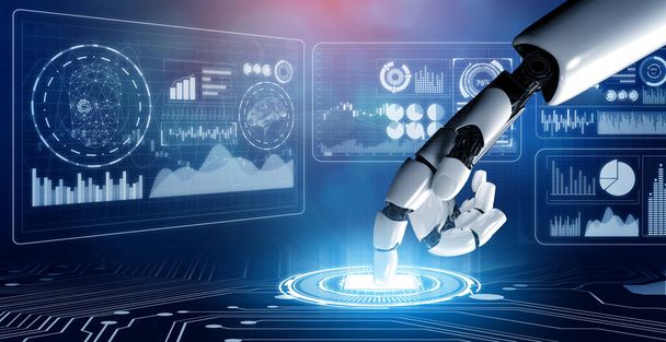 Desarrollo de tecnología robótica futurista de renderizado 3D, inteligencia artificial y concepto de aprendizaje automático. Investigación científica biónica robótica global para el futuro de la vida humana
. - Foto, Imagen