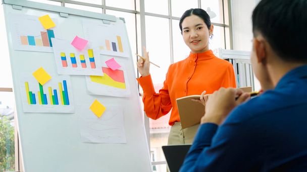 Young woman explains business data on white board in casual office room . The confident Asian businesswoman reports information progress of a business project to partner to determine market strategy . - Photo, Image