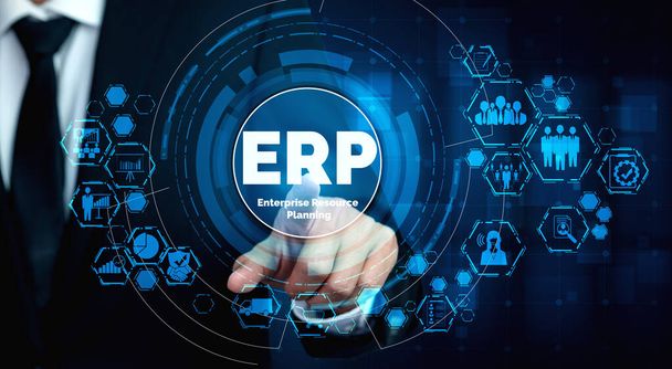 Программная система ERP управления ресурсами предприятия для плана бизнес-ресурсов представлена в современном графическом интерфейсе, показывающем будущие технологии управления ресурсами предприятия
. - Фото, изображение