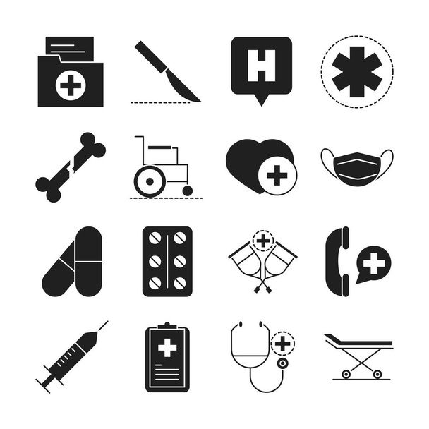 salud médico y hospital pictograma silueta estilo icono s conjunto
 - Vector, Imagen