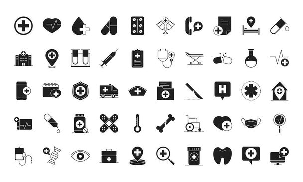 egészségügyi egészségügyi orvosi és kórházi piktogram sziluett stílusú ikon s készlet - Vektor, kép