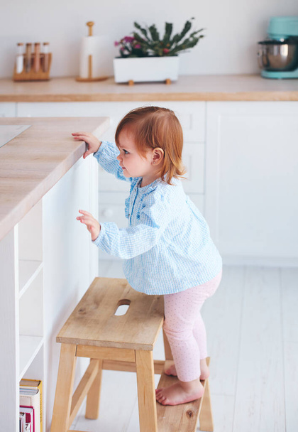 curious infant baby girl trying to reach things on the table in the kitchen with the help of step stool - Фото, зображення