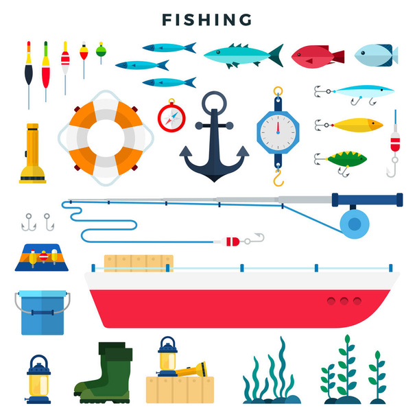 Everything for fishing, set of elements isolated on white. Vector flat illustration. - Vektör, Görsel