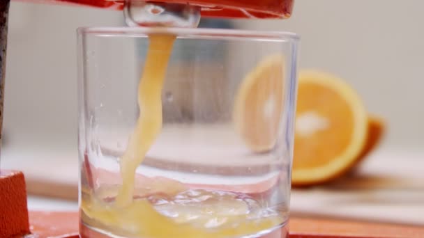 Super powolny ruch świeżego soku pomarańczowego wyciskanego ręcznym wyciskaczem - Materiał filmowy, wideo
