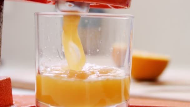 Super slow motion van vers sinaasappelsap geperst met behulp van een handmatige squeezer - Video