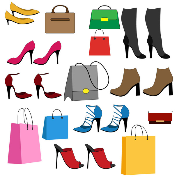 set of drawings, women's accessories, handbags and shoes, vector illustration, isolate on a white background - Vector, Image