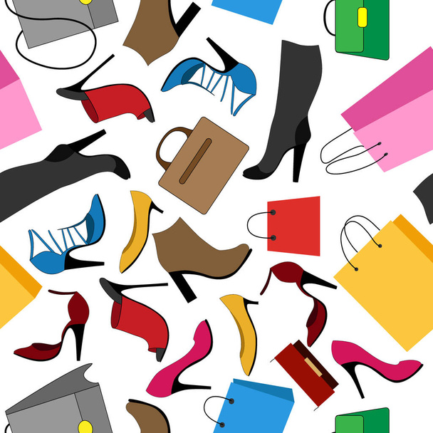 бесшовный узор с женской обувью и сумочками, орнамент для обоев и ткани, оберточная бумага, фон для различных дизайнов
 - Вектор,изображение