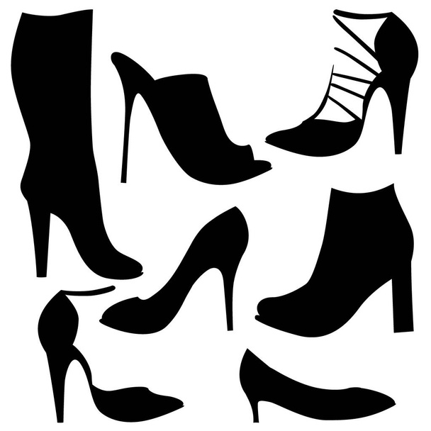 силуэты обуви, набор черных рисунков, изоляты на белом фоне
 - Вектор,изображение
