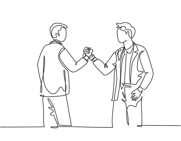 Jedna čára kresby dvou mladých šťastných podnikatelů, kteří drží ruce u sebe, aby si připomněli začátek společného projektu. Koncepce týmové práce Kontinuální kreslení vektorové ilustrace - Vektor, obrázek