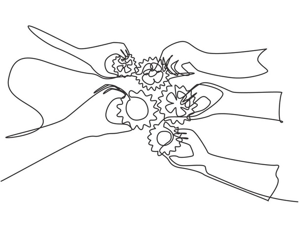 ハンドジェスチャービジネスチームメンバーの連続線画は、ギアの一片をチームワークのシンボルとして1つにまとめます。一本の線画のデザインベクトル図 - ベクター画像