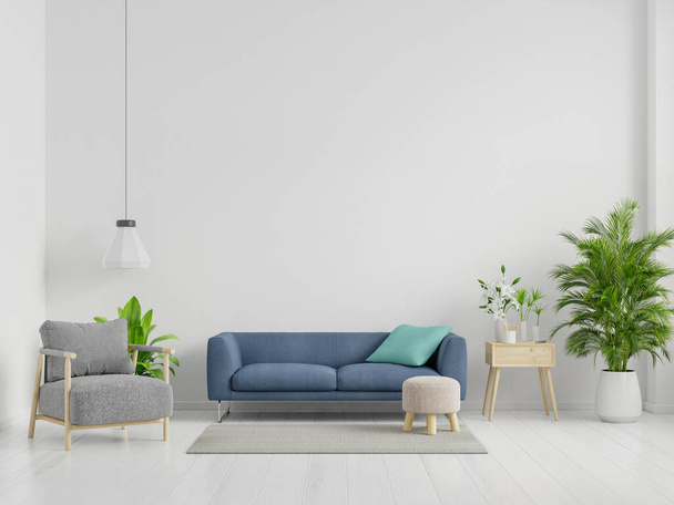Blaues Sofa und grauer Sessel im geräumigen Wohnzimmerinterieur mit Pflanzen und Regalen in der Nähe von Holztischen. 3D-Rendering - Foto, Bild