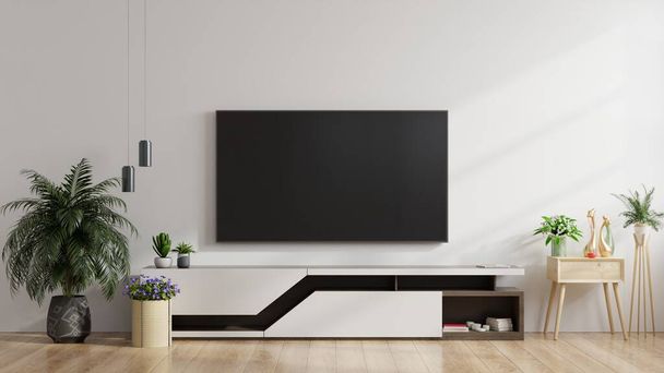 Світлодіодні телевізори на білій стіні у вітальні, мінімальний дизайн, 3d рендеринг - Фото, зображення