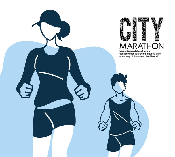 Hombre y mujer avatar corriendo y diseño vectorial maratón ciudad 10k
 - Vector, Imagen