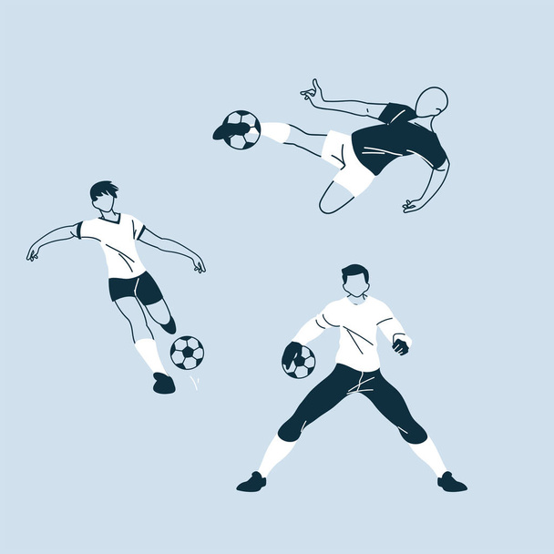 set voetballers in actie, voetballers met bal - Vector, afbeelding