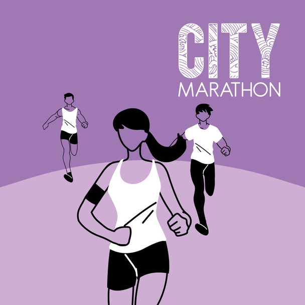 Nő és férfiak futó és 10k város maraton vektor tervezés - Vektor, kép