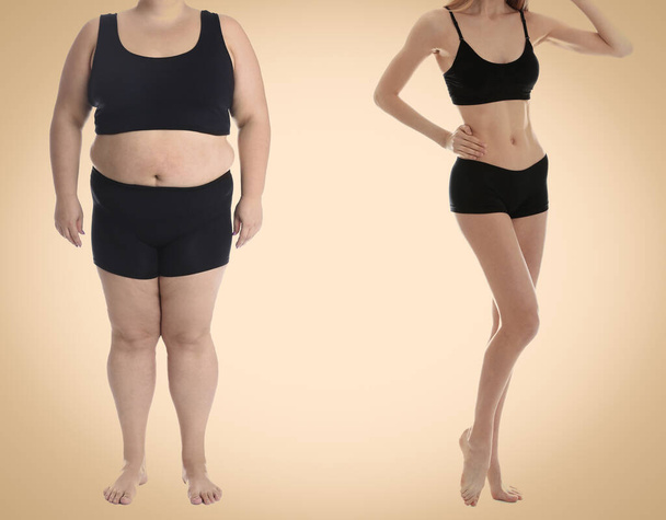 Slim and overweight women on beige background, closeup - Foto, Bild