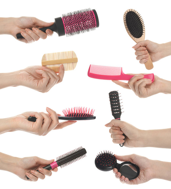 Set with photos of people holding different hair brushes on white background, closeup  - Fotografie, Obrázek
