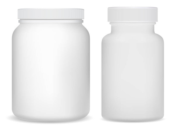 Λευκά πλαστικά μπουκάλια συμπλήρωμα. Βάζο για σκόνη πρωτεΐνης ορού γάλακτος. Δοχείο σωληνάριο βιταμίνης 3d σχεδιασμό. Συσκευασία θρεπτικών δισκίων. Δοχείο για φάρμακα ασπιρίνης. Bodybuilding ανακίνηση μπορεί - Διάνυσμα, εικόνα