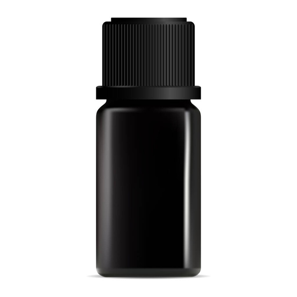 Fekete aromaolaj csepegtető palack. Kozmetikai szérum tartály kialakítása. Luxus kollagén kezelés injekciós üveg mockup. Parfümfazék. Folyékony arcápoló termék csomagolása - Vektor, kép