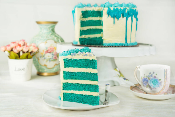 Blue Birthday Cake slice - Photo, Image
