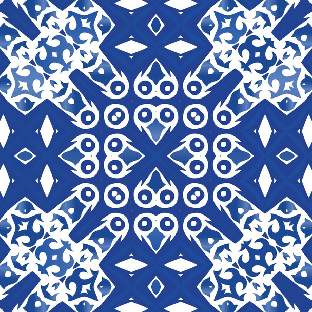 Portuguese vintage azulejo tiles. Vector seamless pattern collage. Colored design. Blue antique background for pillows, print, wallpaper, web backdrop, towels, surface texture. - Vetor, Imagem