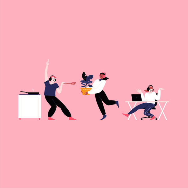 Flat illustration of people whearing earphones dancing at home. Dancing while cooking, dancing with a houseplant; dancing sitting at the desk - Вектор, зображення