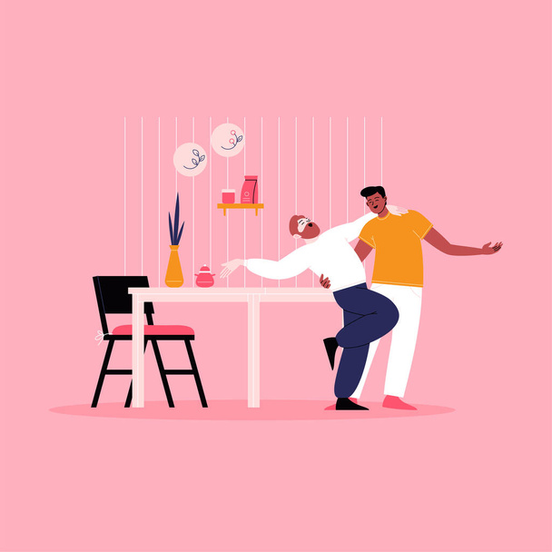 Young gay couple dancing at the kitchen. Pride month at home concept - Вектор, зображення