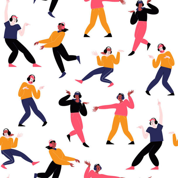 Seamless pattern. Many different people dancing solo whearing earphones - Вектор, зображення