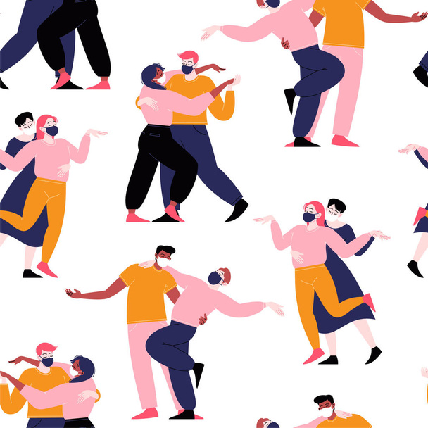 Seamless pattern. Several couples of different people dancing wearing medical face masks. - ベクター画像