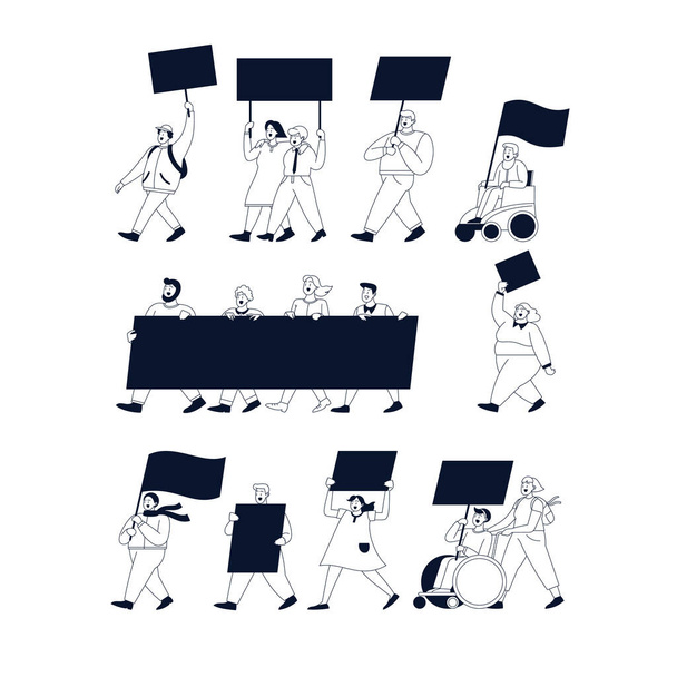 Black and white illustration of a protest march. Different people walking together holding banners and posters - Vector, imagen