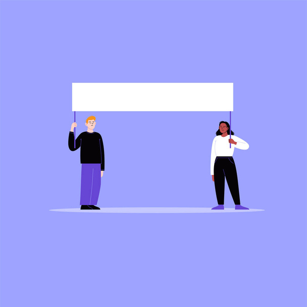 Two activists protesting with a blank cardboard. A man and a woman on a working strike holding a banner. Flat vector illustration - Vector, Imagen