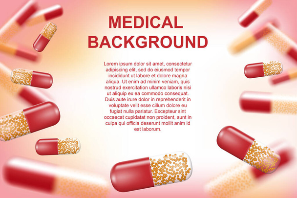 Анотація Медичний банер з таблетками та розмитими капсулами. Реалістичні знеболюючі, антибіотики, вітаміни, медикаменти та капсули. Векторні ілюстрації
 - Вектор, зображення