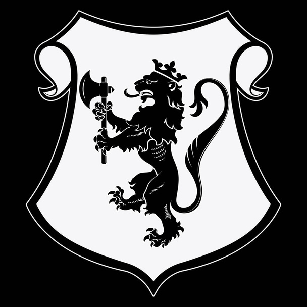 Heraldinen vaakuna. Heraldinen leijonan siluetti, heraldinen kilpi, jossa kruunattu leijona pitelee kirvestä etutassuissaan - Vektori, kuva
