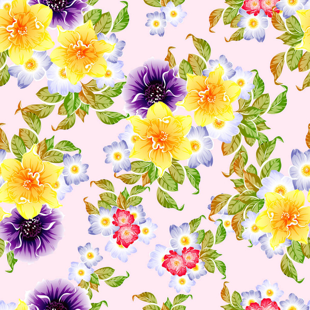 Colourful vintage style flowers seamless pattern - Vektör, Görsel