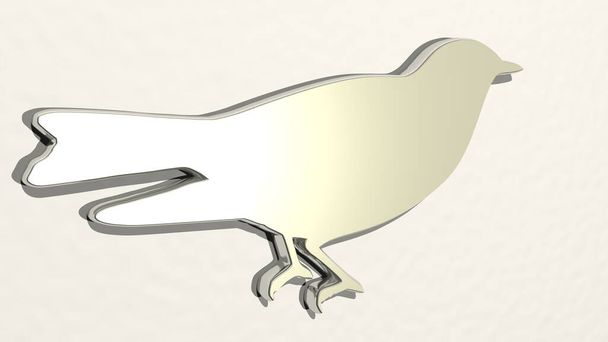 pájaro en la pared. Ilustración 3D de la escultura metálica sobre un fondo blanco con textura suave. animal y hermoso
 - Foto, Imagen
