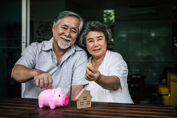 Oudere echtparen praten over financiën met spaarvarken - Foto, afbeelding