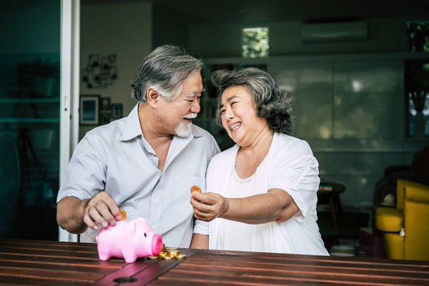 Oudere echtparen praten over financiën met spaarvarken - Foto, afbeelding