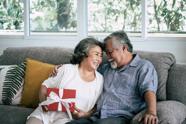 Coppie anziane Sorpresa e confezione regalo in soggiorno - Foto, immagini