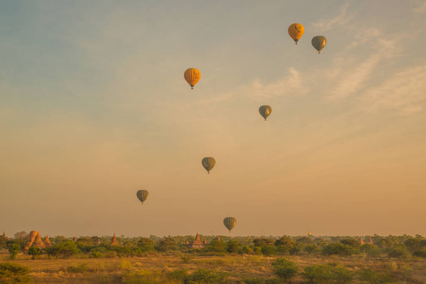 Myanmar. Bagan. A beautiful view of Balloons in city sunrise. - Photo, Image
