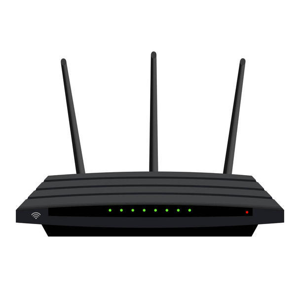 Realistic Wi-Fi router with three antennas isolated on white. Green LEDs on the black case. Device for wireless distribution of the Internet. Vector EPS 10. - Vektor, obrázek