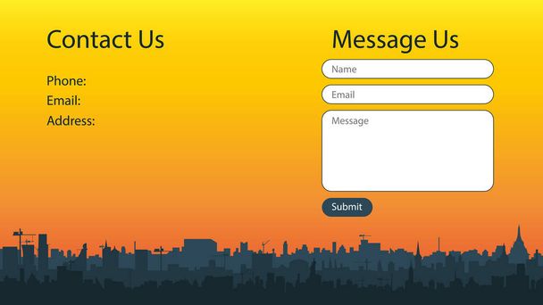 Concept d'écran de contact pour site web avec belle silhouette de ville au coucher du soleil. Forme d'envoi de messages. Modèles vectoriels pour la conception de sites Web. UI, UX, GUI. SPE 10. - Vecteur, image