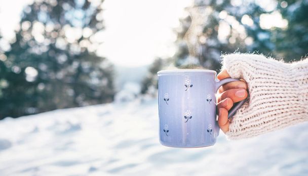 Woman take in hand cup of hot drink. Winter forest glade, bright sunnyday scene - Photo, image