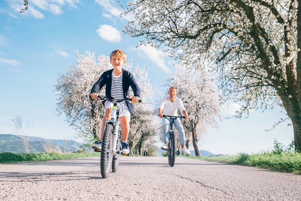 Father and son having fun when riding bicycles on country road under blossom trees. Healthy sporty lifestyle concept image. - Фото, зображення