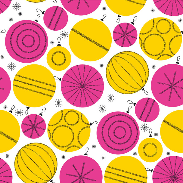 New year minimal elegant balls seamless pattern in pink and yellow color for background, fabric, textile, wrap, surface, web and print design. Christmas balls for office and business vibes projects. Xmas decor. - Vector, imagen