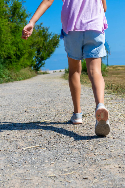 Mała dziewczynka spacerująca kamienną ścieżką w otoczeniu natury. Koncepcja zdrowego życia - Zdjęcie, obraz