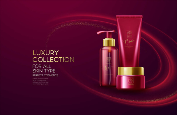 Productos cosméticos con composición de colección de lujo sobre fondo de onda roja con polvo de brillo dorado. Ilustración vectorial
 - Vector, Imagen