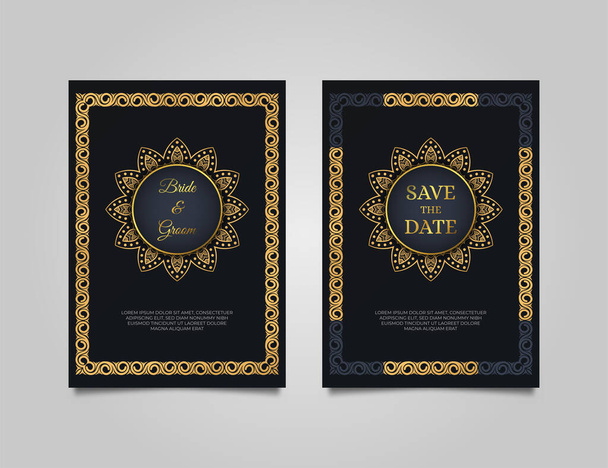 Luxury wedding invitation card design. Wedding invitation set with elegant black background. Cool invitation template with golden mandala ornament - Vector, Image