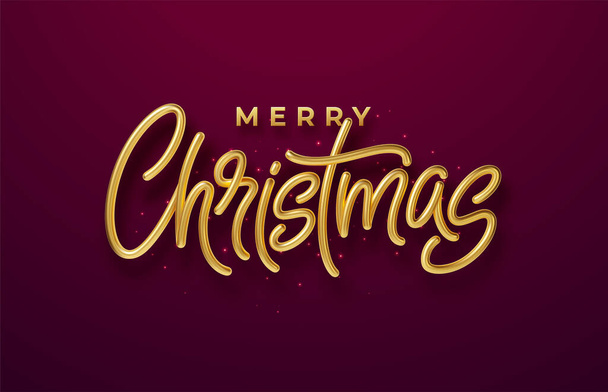 Realistický lesklý 3D zlatý nápis Veselé Vánoce na červeném pozadí. Vektorová ilustrace - Vektor, obrázek