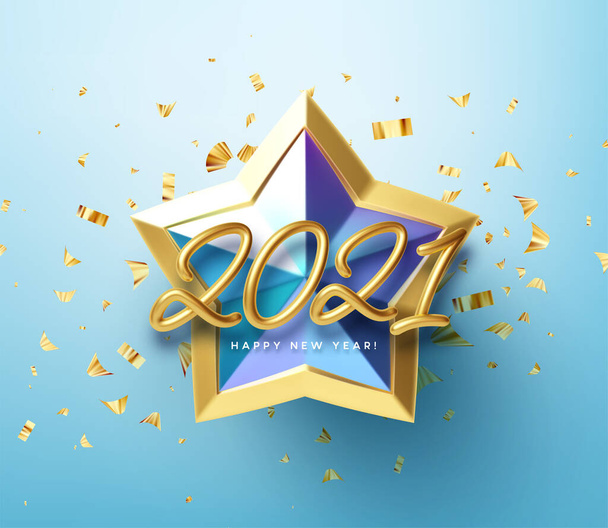 Ρεαλιστικό λαμπερό 3D χρυσή επιγραφή 2021 Ευτυχισμένο το Νέο Έτος σε ένα μπλε φόντο χρυσό αστέρι. Εικονογράφηση διανύσματος - Διάνυσμα, εικόνα
